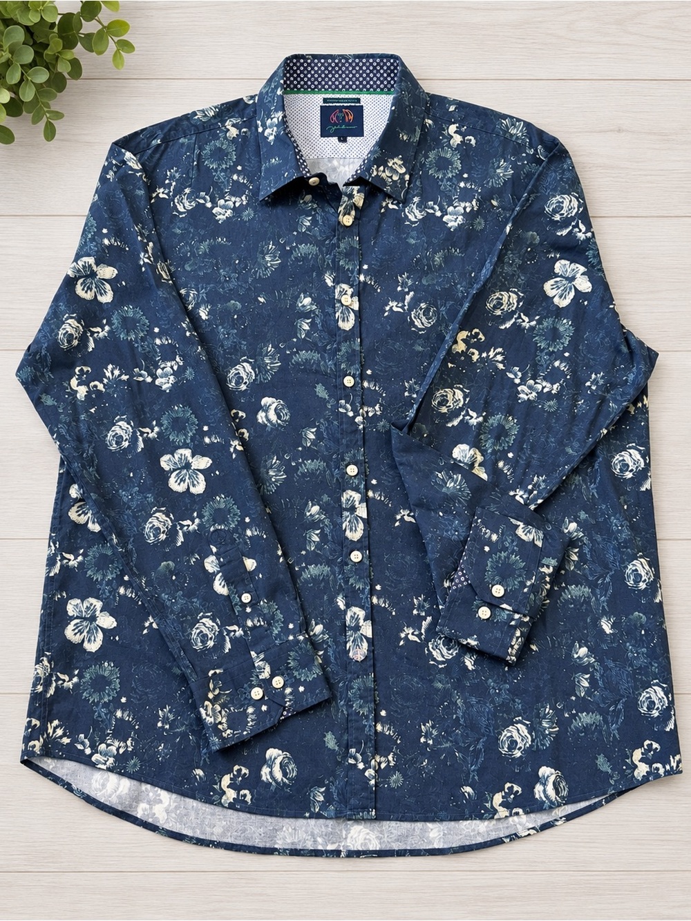 John Lennon Navy Blue Floral Stretch Button Up Shirt XXL / 2TG Retro Premium